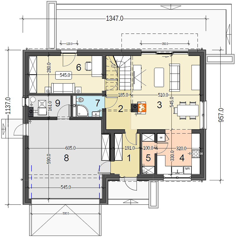 Rzut parteru domu jednorodzinnego Bocian 2 z garażem 2-stanowiskowym