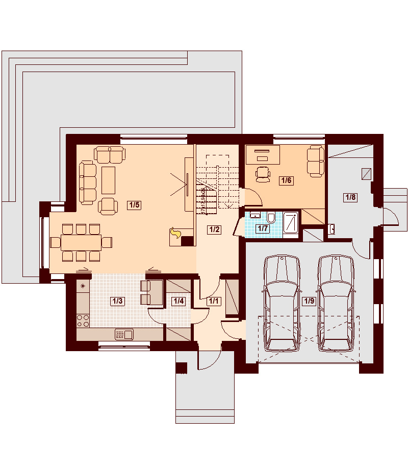 Rzut parteru domu jednorodzinnego Darlena XL z wykuszem